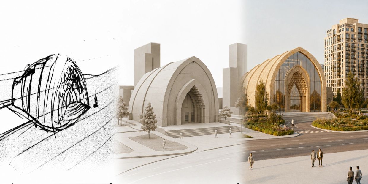 Architectural design evolution from sketch to realistic rendering.