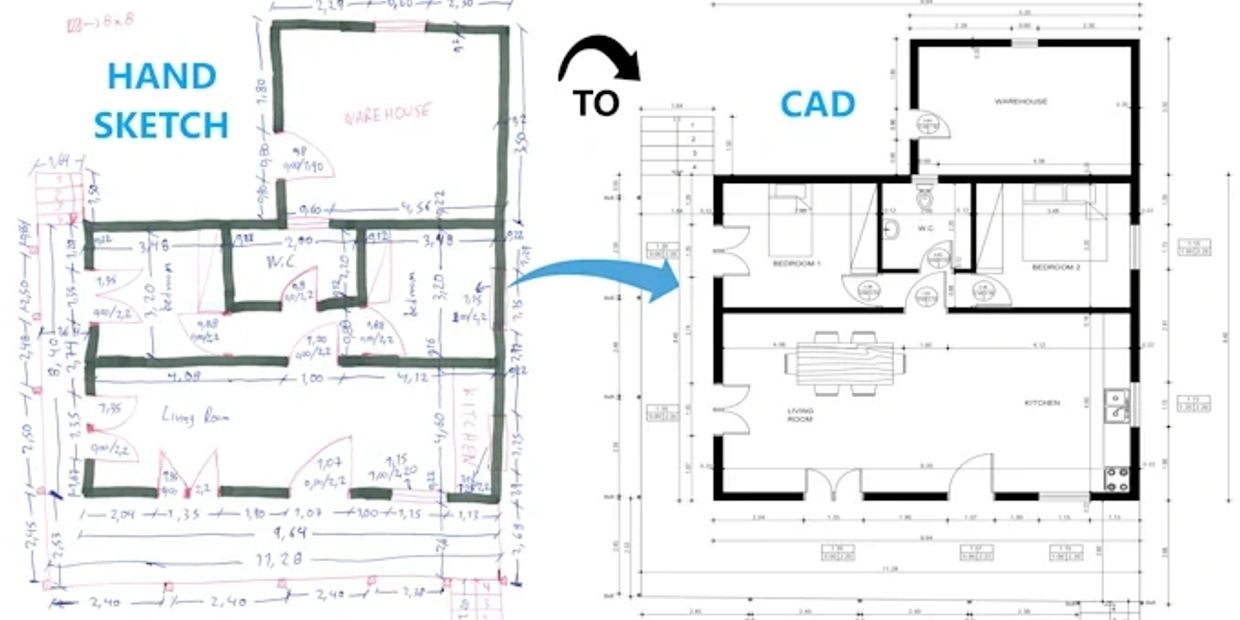 Comparison of hand-drawn sketch and CAD floor plan.