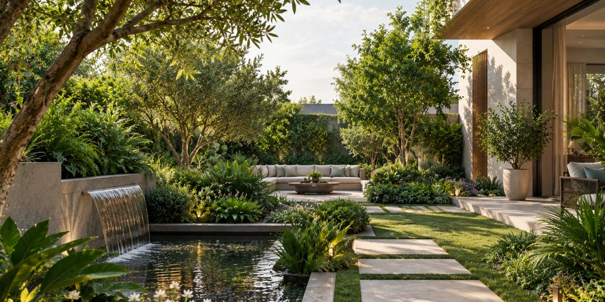 Modern garden with waterfall and seating area.
