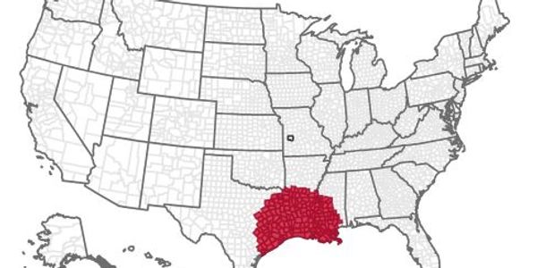 Map highlighting Louisiana counties in red.