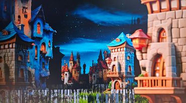 Whimsical medieval village under a starry night sky with glowing windows.