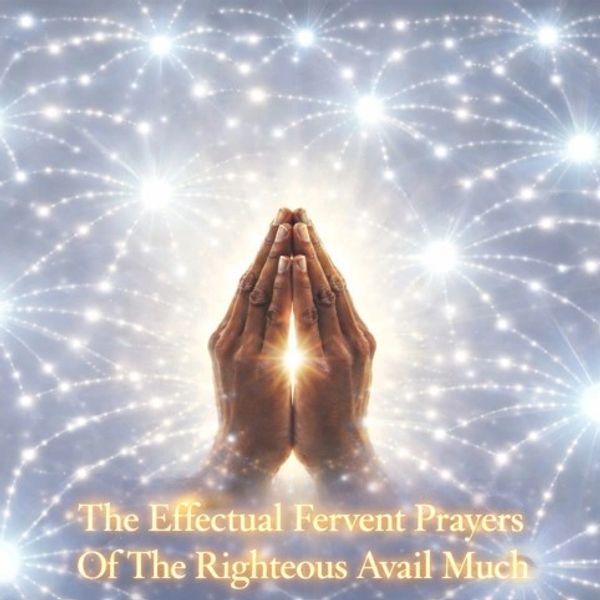 Hands in prayer surrounded by glowing light with an inspirational message.