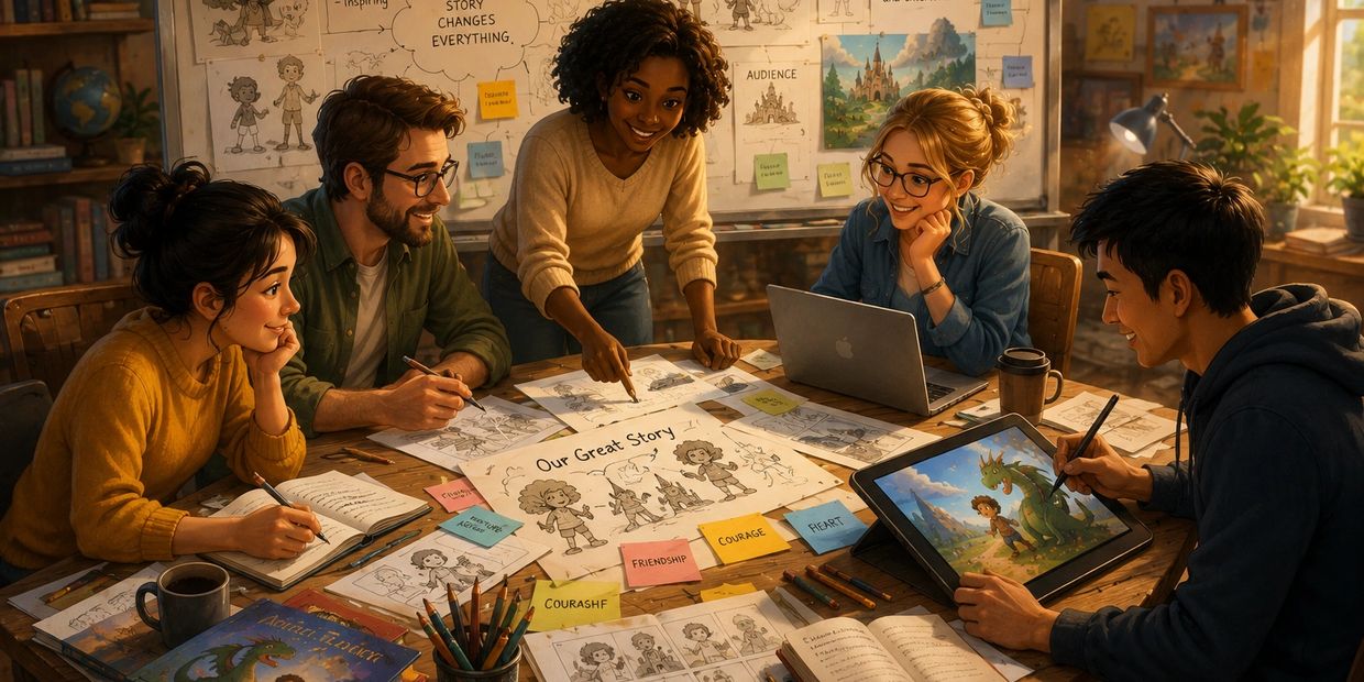 A diverse group collaborates on a story and art project around a table.