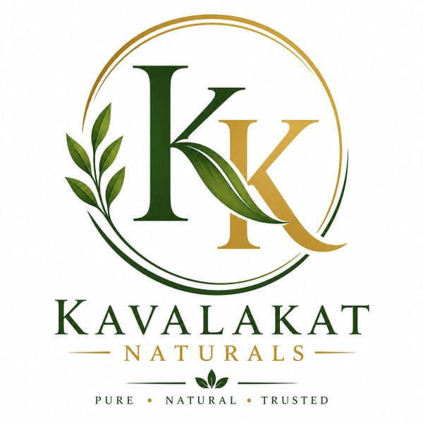 Elegant logo for Kavalakat Naturals with green and gold leaves.