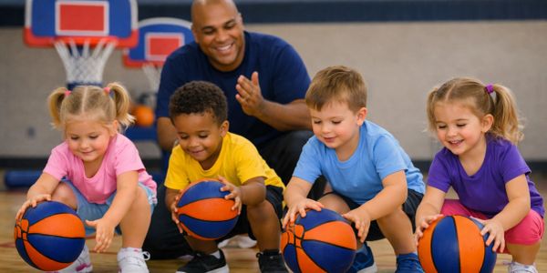 Young children practicing basketball with coach in gym.