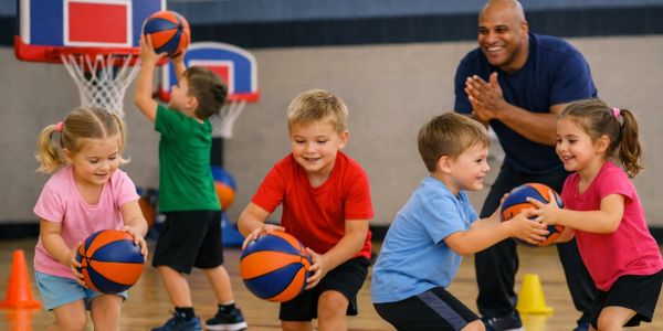 Young children playing basketball in gym with coach encouraging.