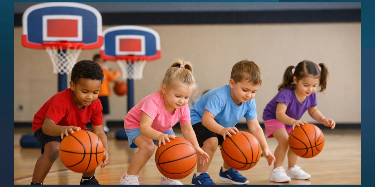 Four young children practicing basketball dribbling in a gym.