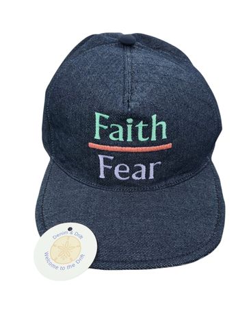 Denim cap with "Faith over Fear" embroidered in colorful letters.