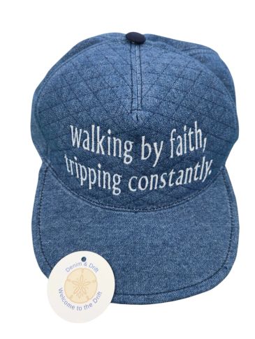 Blue denim cap with embroidered phrase about faith and tripping