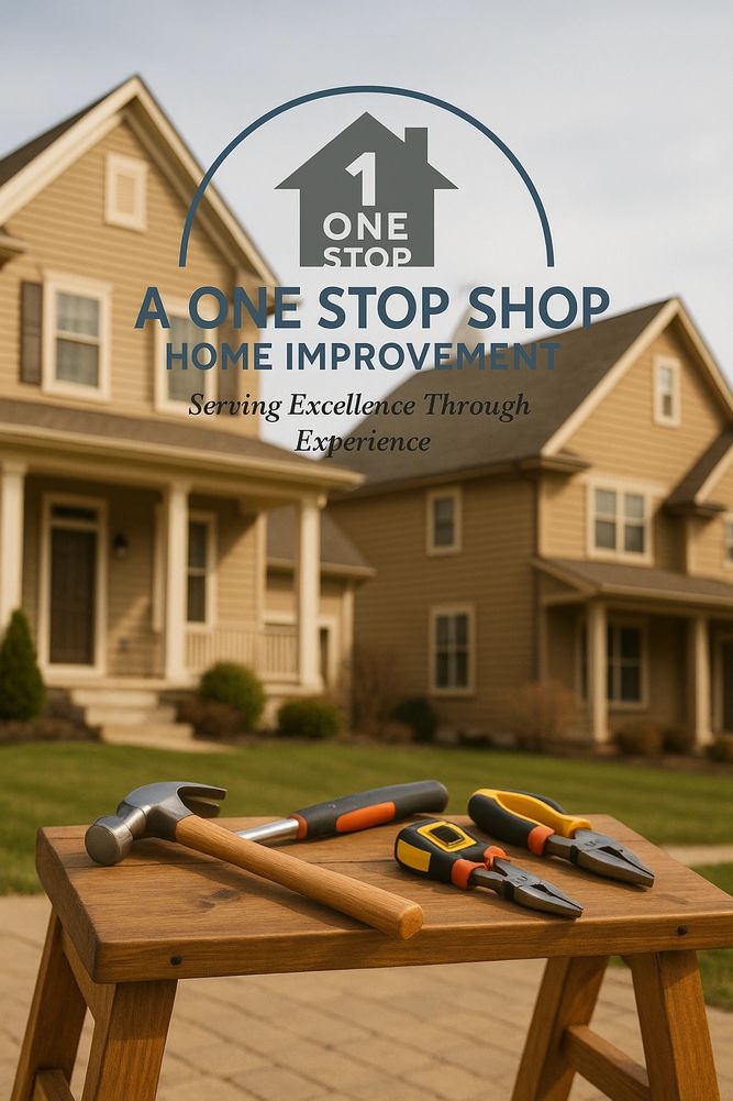 Home improvement tools on a wooden bench with houses and a business logo in the background.