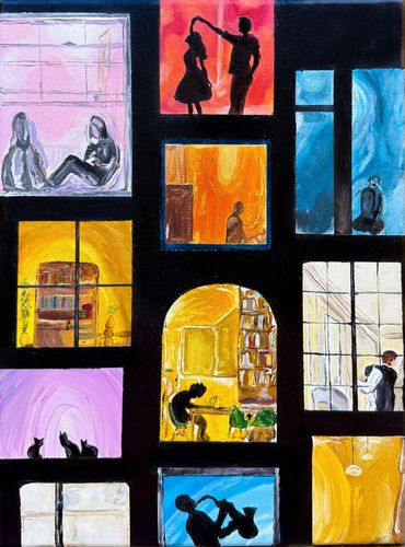 A colorful painting of multiple windows showing people and pets inside various rooms.