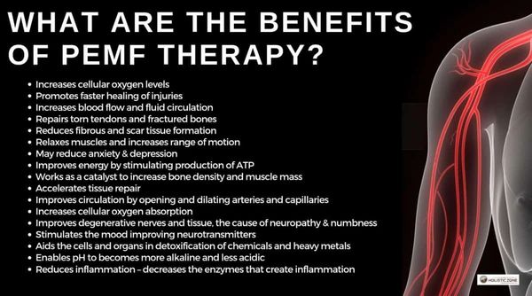 List of benefits from PEMF therapy including improved circulation, healing, and reduced inflammation.