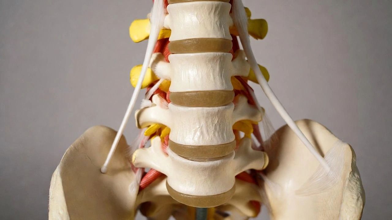 Close-up of a human lumbar spine model with pelvis and nerves.