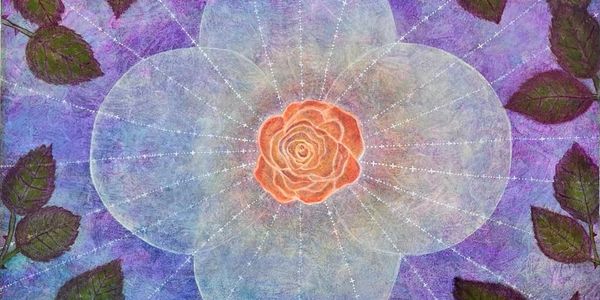 Intricate floral mandala with a central orange rose and radiating white patterns on a purple background.