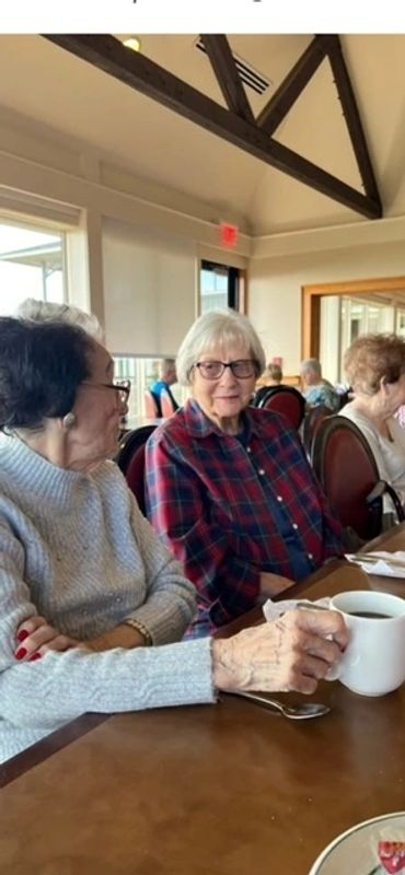 Two elderly women sitting and chatting over coffee in a cozy dining room.