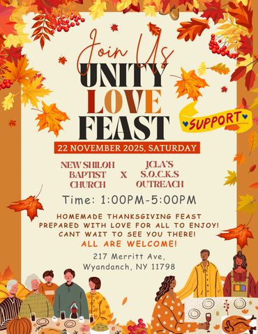 Invitation to a Unity Love Feast Thanksgiving event on November 22, 2025, at New Shiloh Baptist Church.
