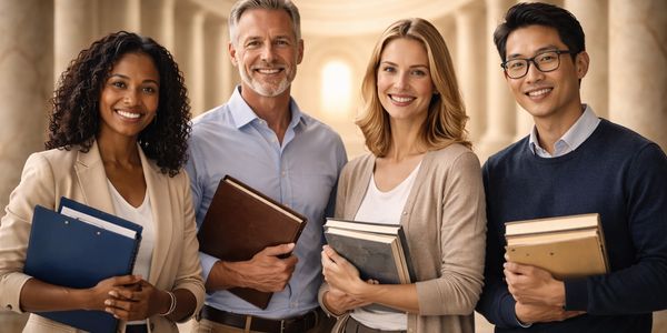 Four diverse adults holding books and smiling indoors.