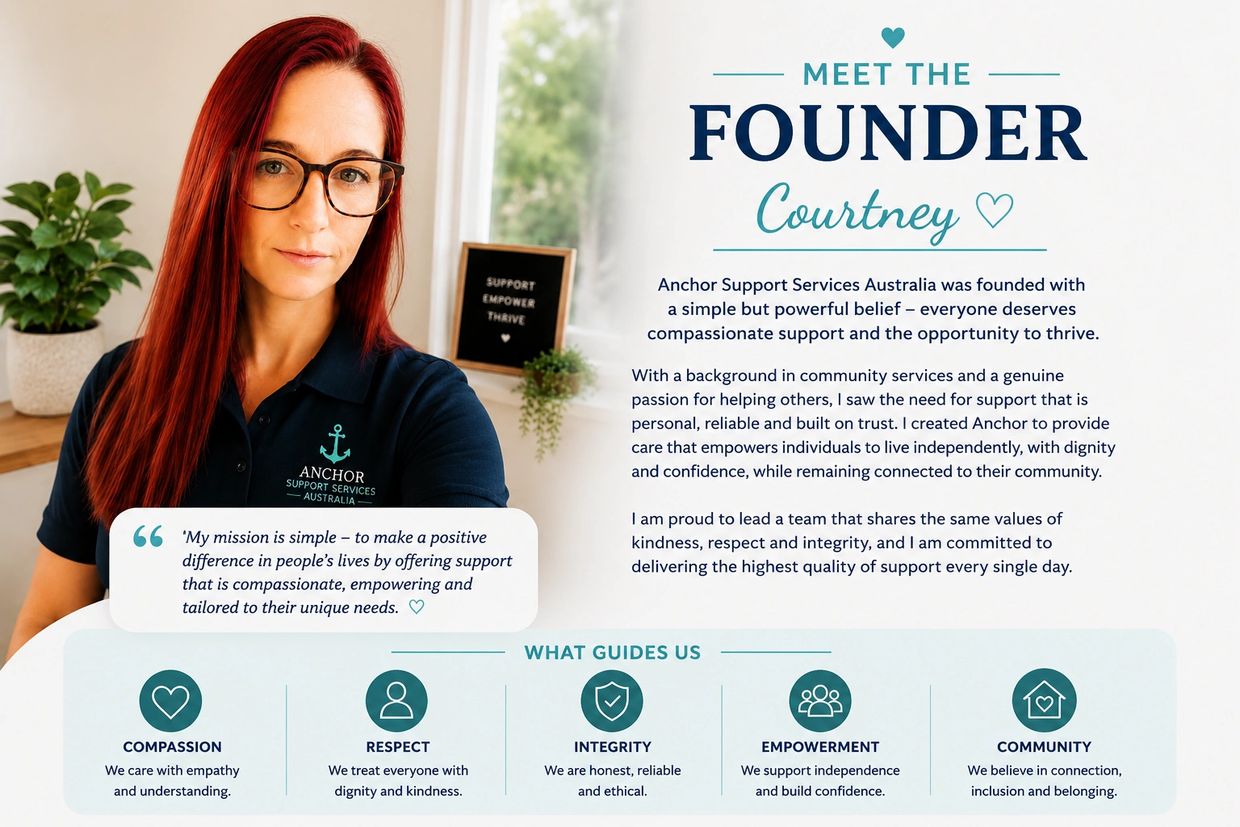Portrait of Courtney, founder of Anchor Support Services Australia, emphasizing compassion and empowerment.
