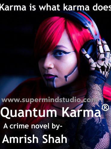 Woman with red hair and cyber-inspired moderrn girl, Karma. Quantum, Truth, Bhagwad Gita. Wisdom