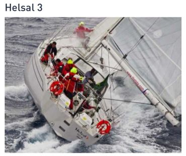 Sailboat Helsal 3 with crew navigating rough seas.