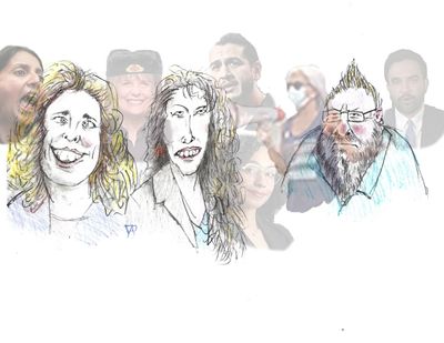 Drawing of three caricatured people against a blurred group photo background.