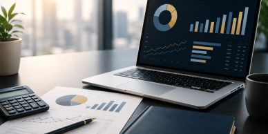 Workspace with laptop displaying charts and graphs.