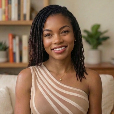 Smiling woman with shoulder-length dreadlocks in a beige one-shoulder top.