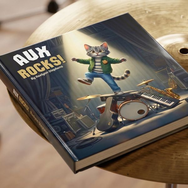 Children's book cover featuring a rocking cat on musical instruments.