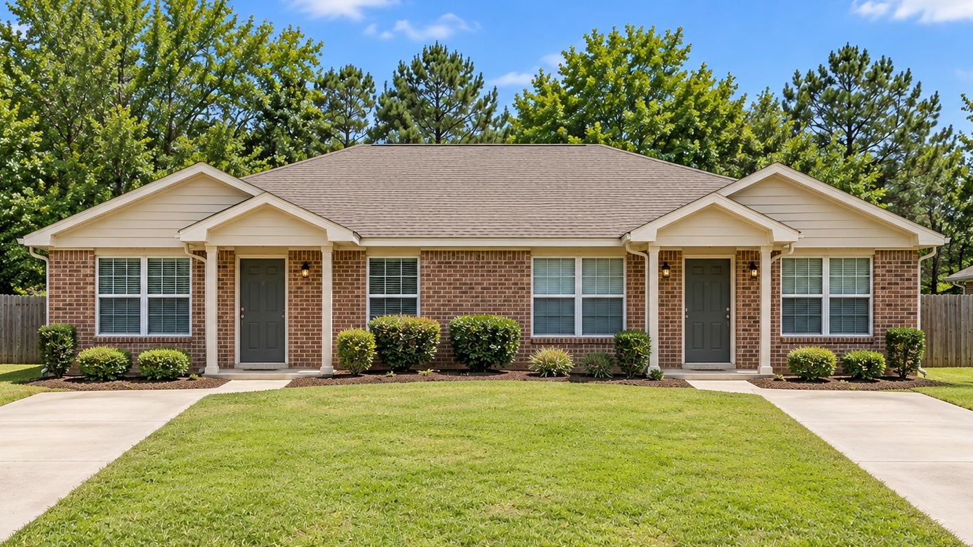 Symmetrical brick duplex with green lawn and trees.