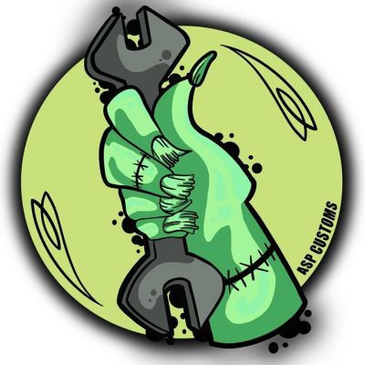 Green zombie hand holding a wrench with ASP Customs text.