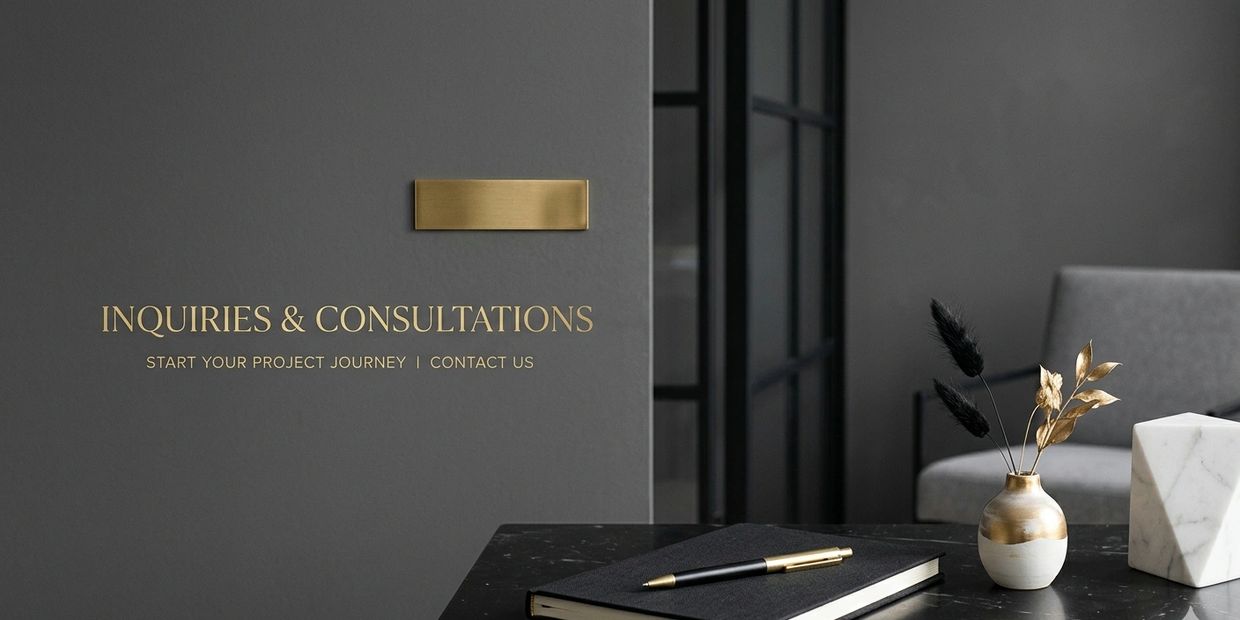 Elegant office setup with inquiry text on a grey wall.