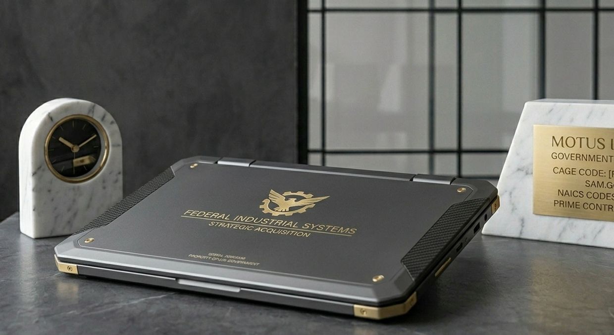 A rugged laptop branded Federal Industrial Systems on a desk with a marble clock and plaque.