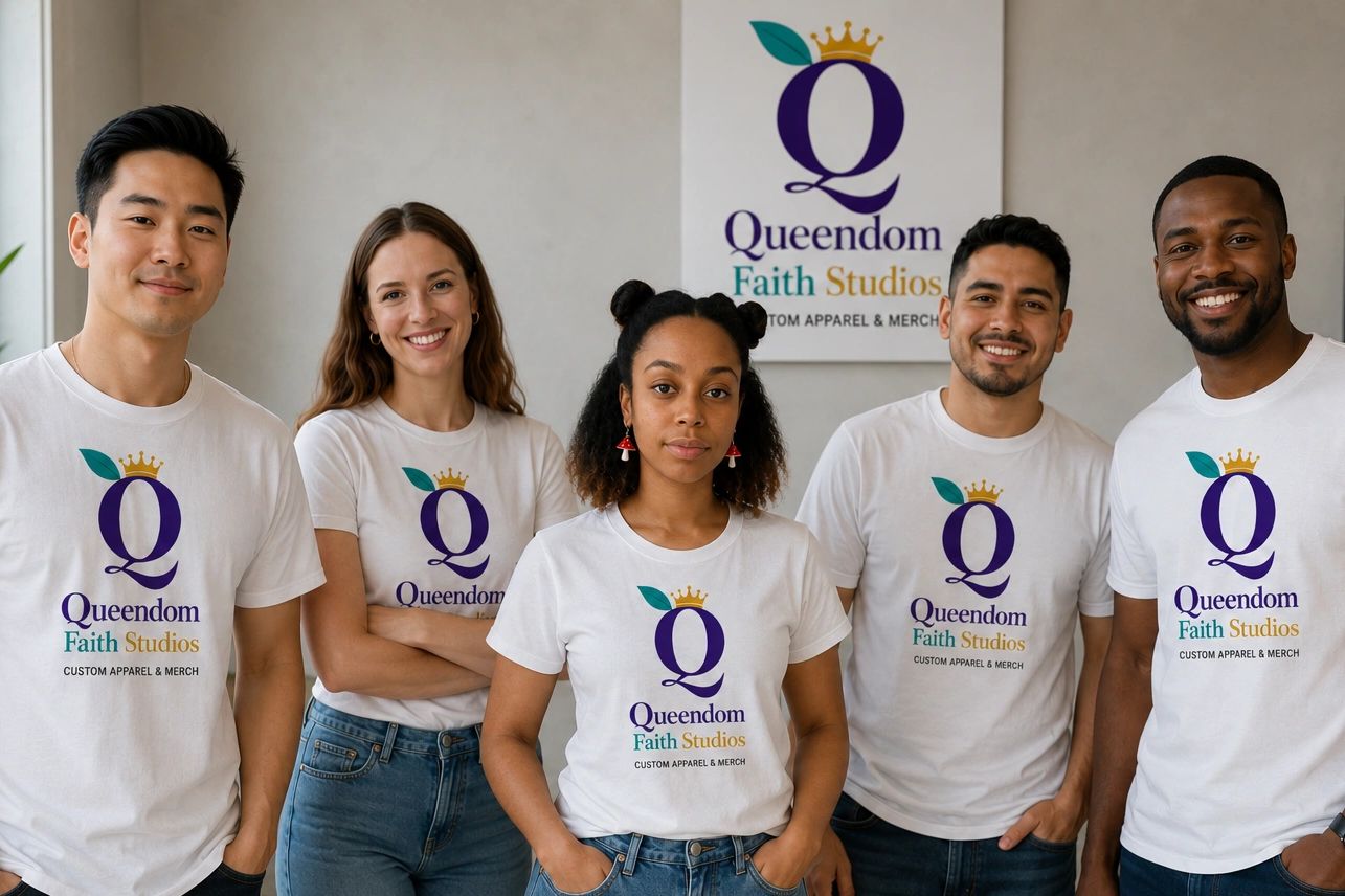 Diverse group wearing matching Queendom Faith Studios shirts.