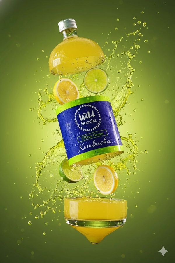 Bottle of Wild Boocha kombucha Citrus green exploding, with kombucha and citrus slices coming out