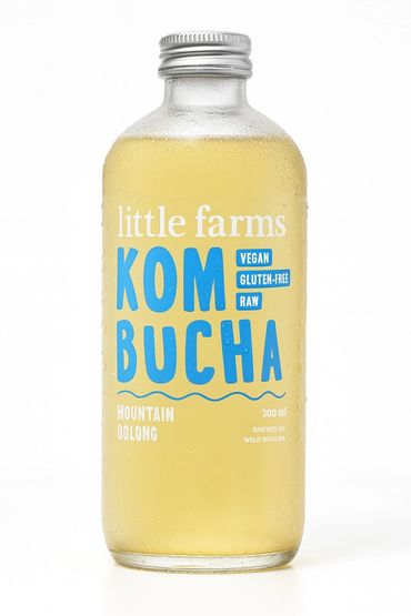 A chilled bottle of Little Farms Mountain Oolong Kombucha.