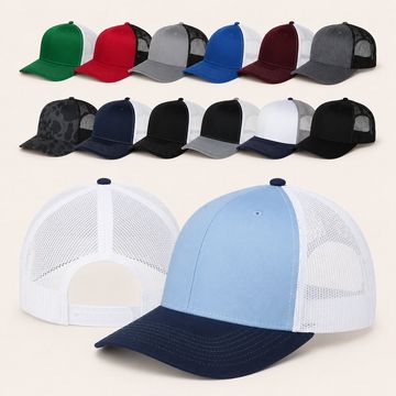 Collection of various colored baseball caps with mesh backs.