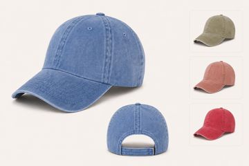 Various colored baseball caps including blue, olive, pink, and red.