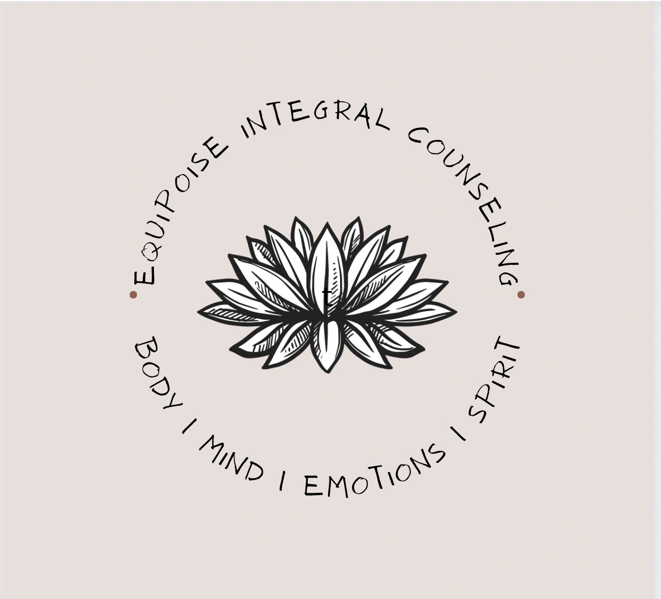 Lotus encircled by text: Equipoise Integral Counseling Body Mind Emotions Spirit