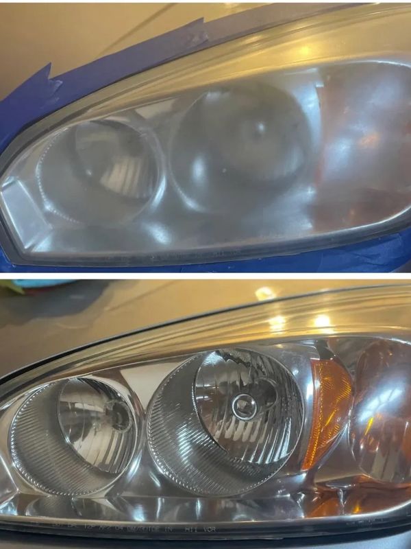 Before and after of headlight restoration option when we detail your vehicle.