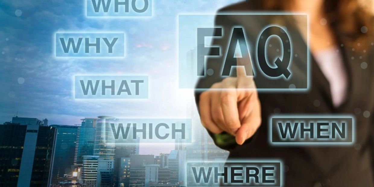 Person interacting with floating FAQ and question words over cityscape.