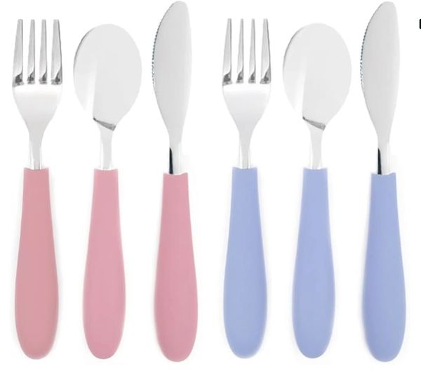 Two sets of cutlery with pink and blue handles, each including a fork, spoon, and knife.