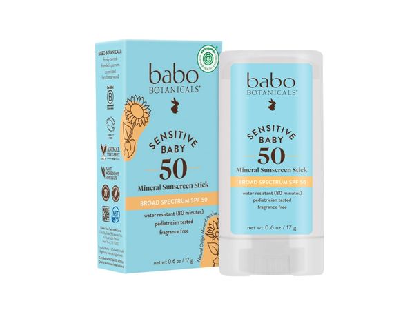 Babo Botanicals Sensitive Baby Mineral Sunscreen Stick SPF 50 in blue packaging.