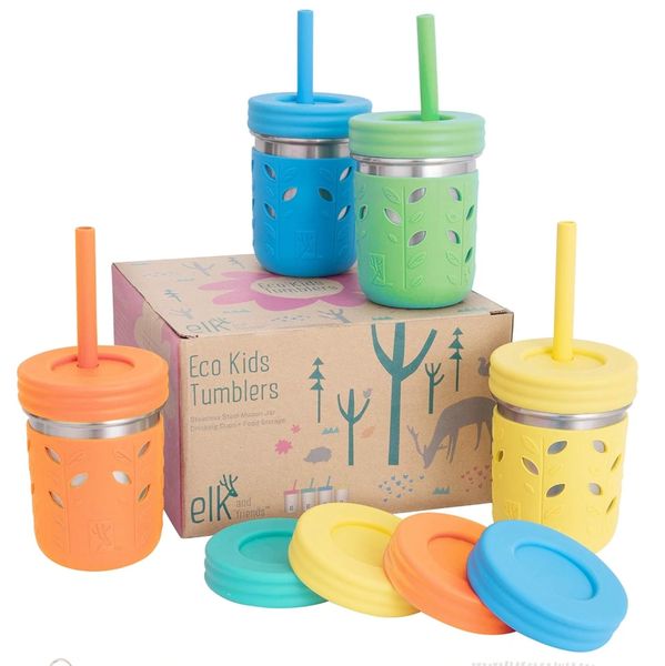 Colorful eco-friendly kids' tumblers with straws and extra lids.