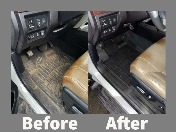 Side-by-side comparison of a car's dirty and cleaned driver's side floor mat.