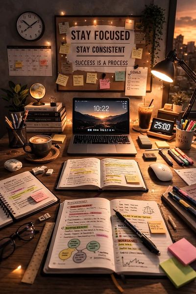 A cozy, well-organized study desk with notes, a laptop, and motivational quotes.