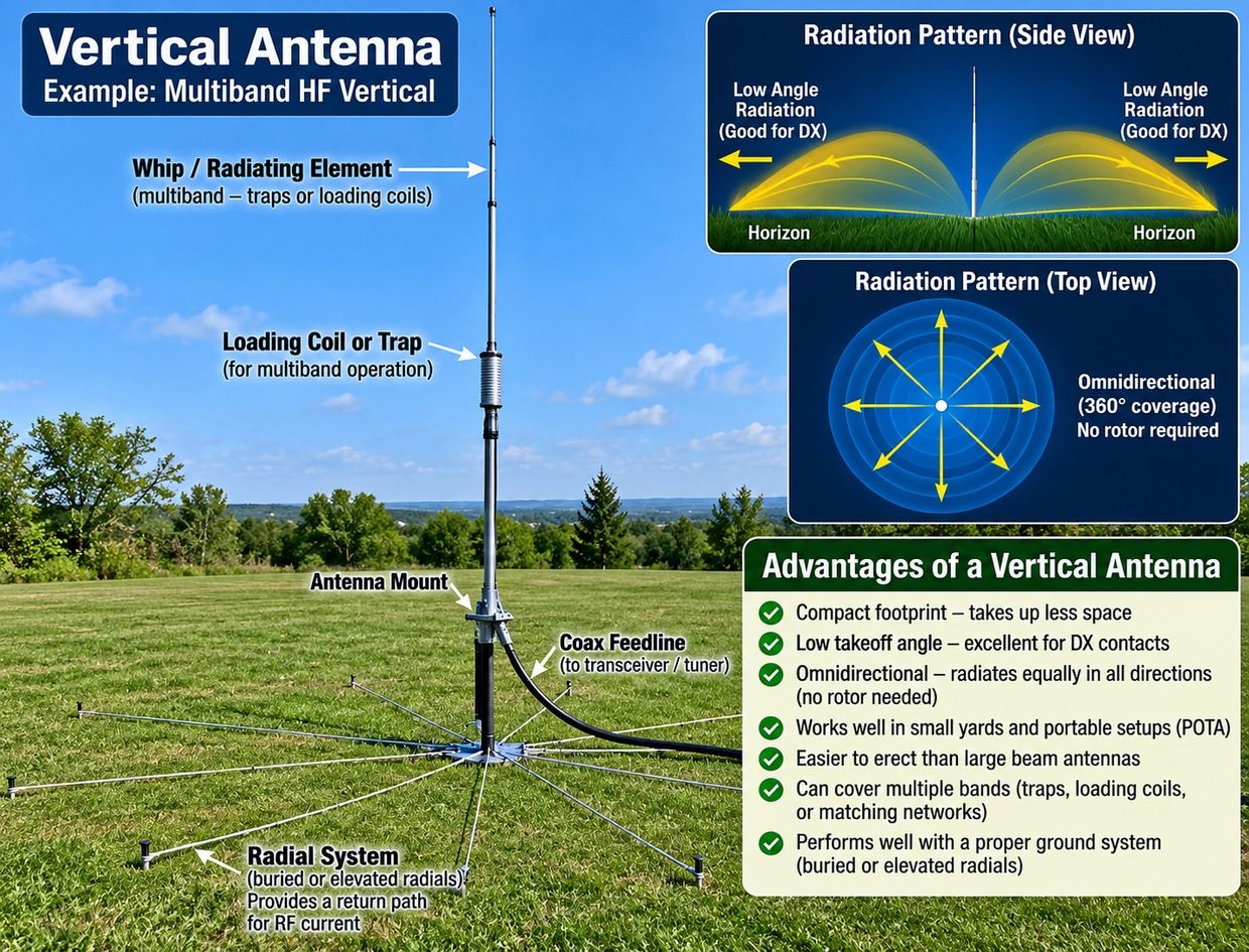 Diagram explaining the components and advantages of a vertical antenna.