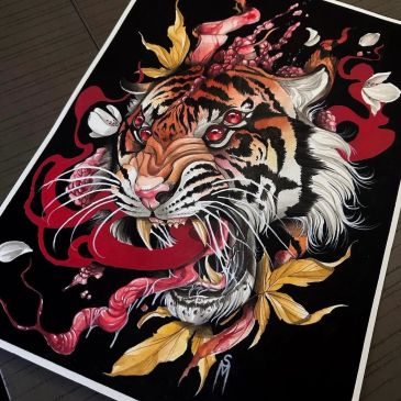 Fierce tiger head with artistic red and yellow accents.
