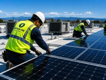 Workers install solar panels on a rooftop.
