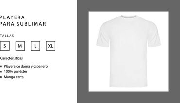 Playera para sublimar
Dama y caballero
100% poliéster
Manga corta