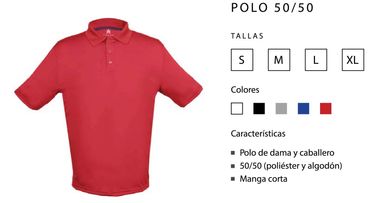 Playera polo
Dama y caballero
50/50 (poliéster y algodón)
Manga corta